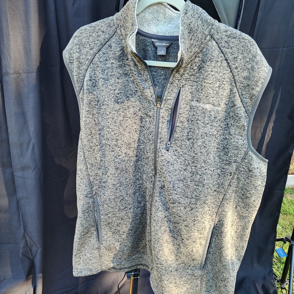 Eddie Bauer Mens‎ XL Gray Marled Sweater Fleece Full Zip Vest Hiking athletic